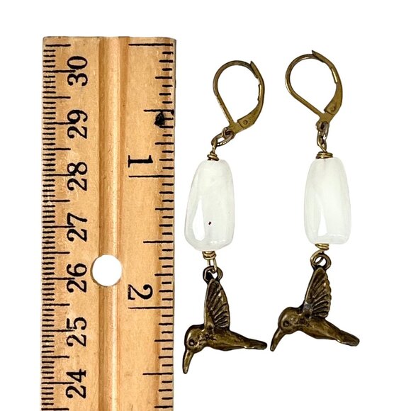 Antique Brass Hummingbird Dangle Earrings with White Beads & Leverback Hooks EUC - Picture 4 of 4